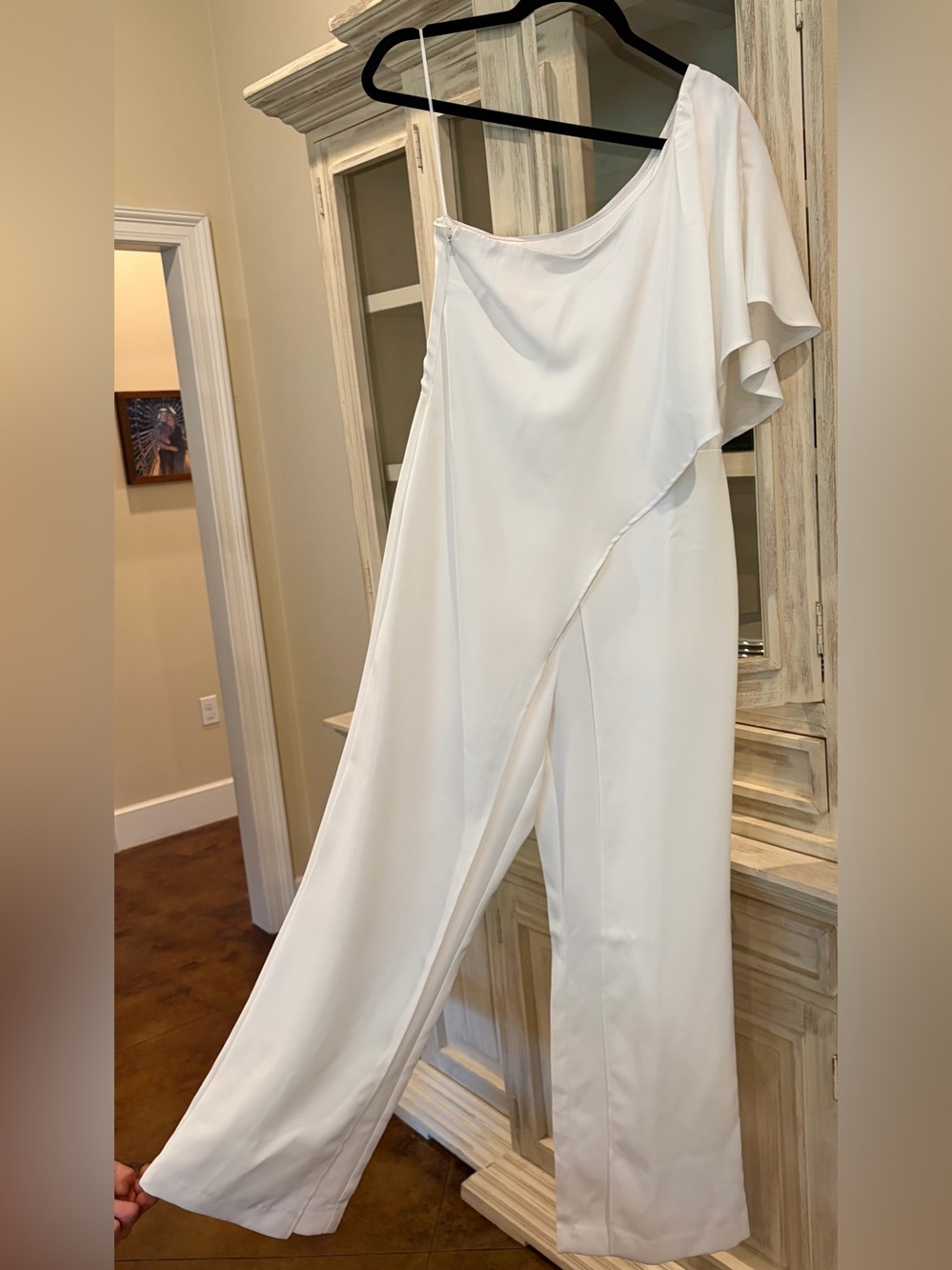 VENUS White One-Shoulder Wide-Leg Jumpsuit with Draped Overlay